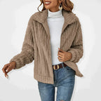 Beige longline fleece gilet for women with a full-length zip