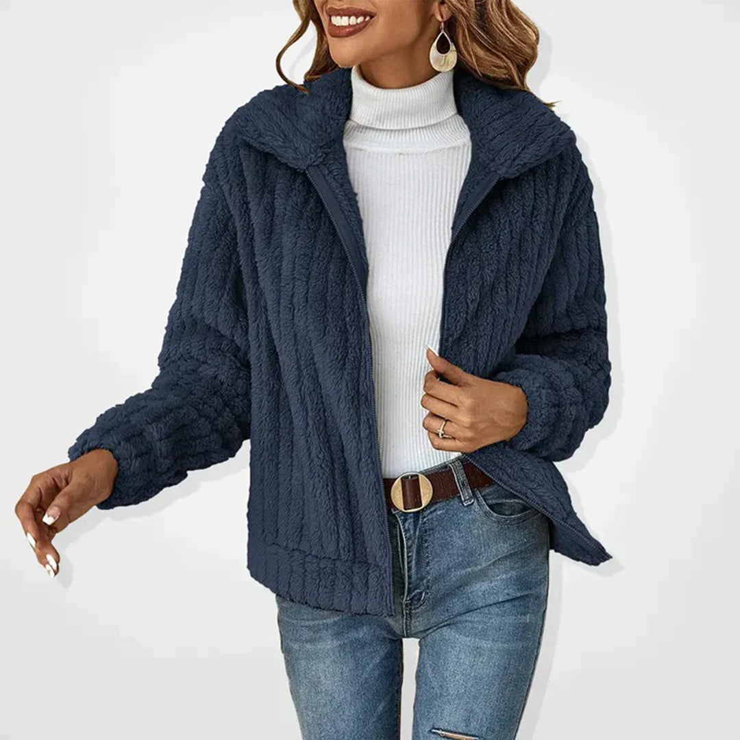 Beige longline fleece gilet for women with a full-length zip