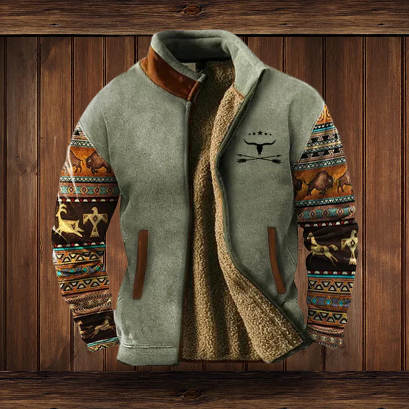 Unisex light brown Aztec print fleece jacket for layering