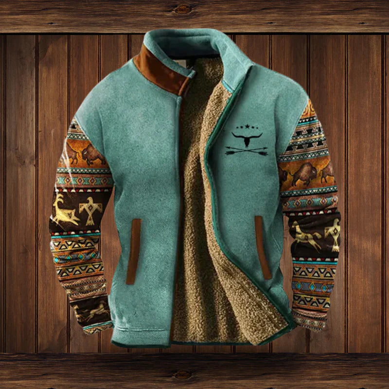 Unisex light brown Aztec print fleece jacket for layering