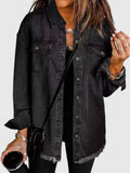 Women's black oversized denim jacket with classic front pockets detail