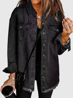 Women's black oversized denim jacket with classic front pockets detail