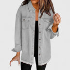 Women's dark blue oversized denim jacket with classic front pockets