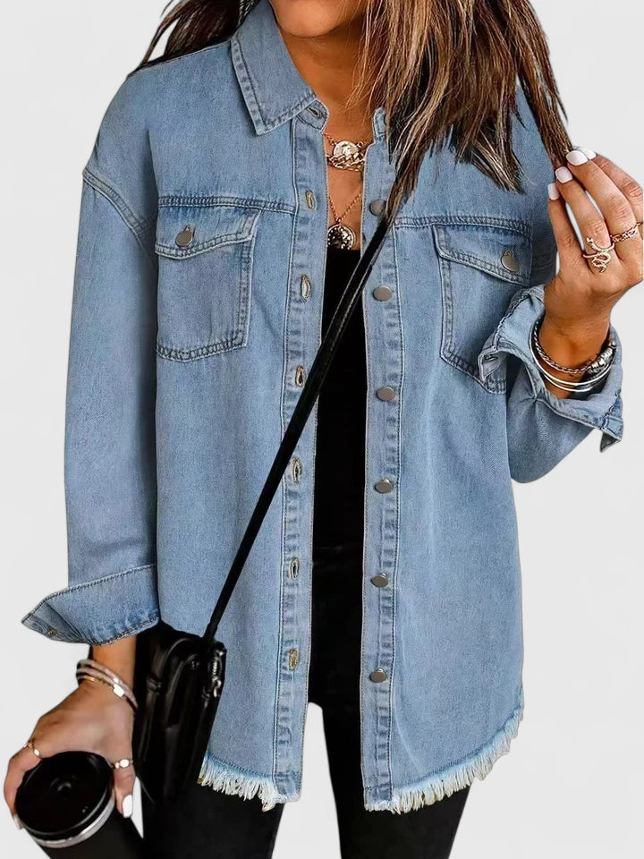 Women's dark blue oversized denim jacket with classic front pockets