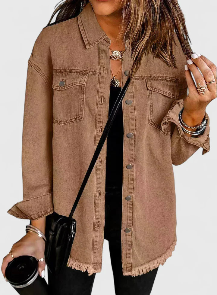 Women's dark blue oversized denim jacket with classic front pockets