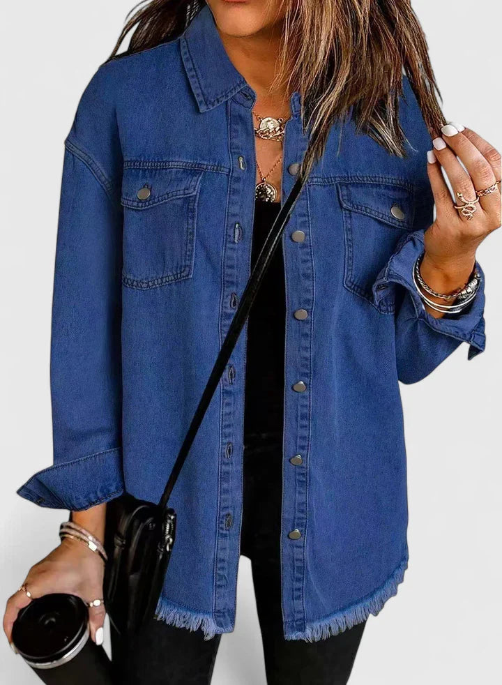 Women's dark blue oversized denim jacket with classic front pockets