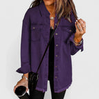 Women's dark blue oversized denim jacket with classic front pockets