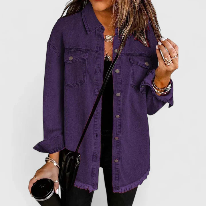 Women's dark blue oversized denim jacket with classic front pockets