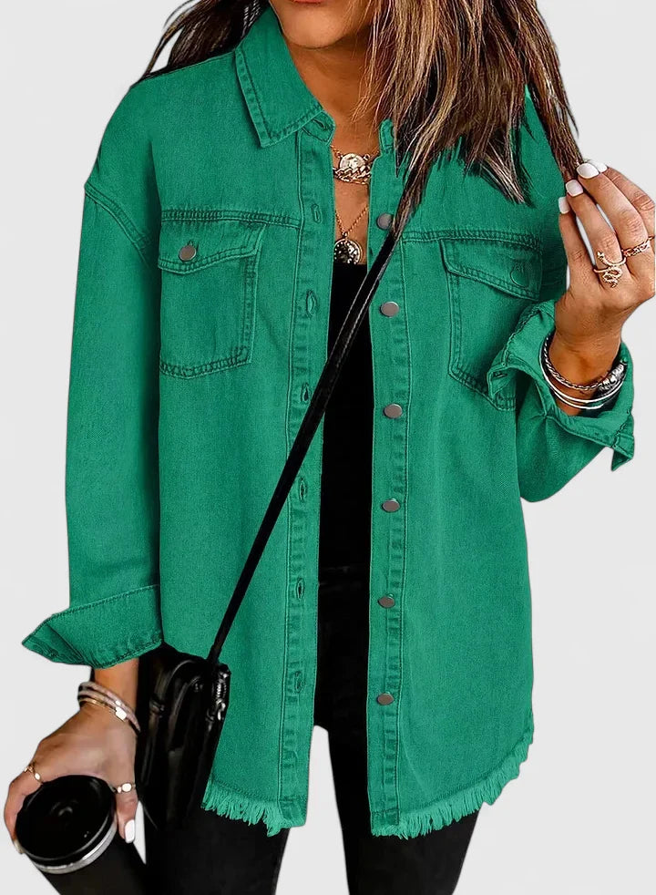 Women's black oversized denim jacket with classic front pockets detail