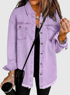 Women's black oversized denim jacket with classic front pockets detail