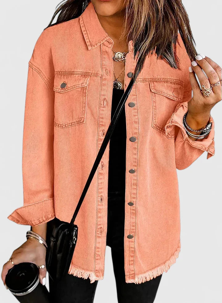 Women's black oversized denim jacket with classic front pockets detail