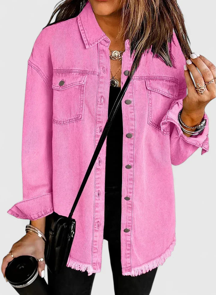 Women's light blue oversized denim jacket with front pockets