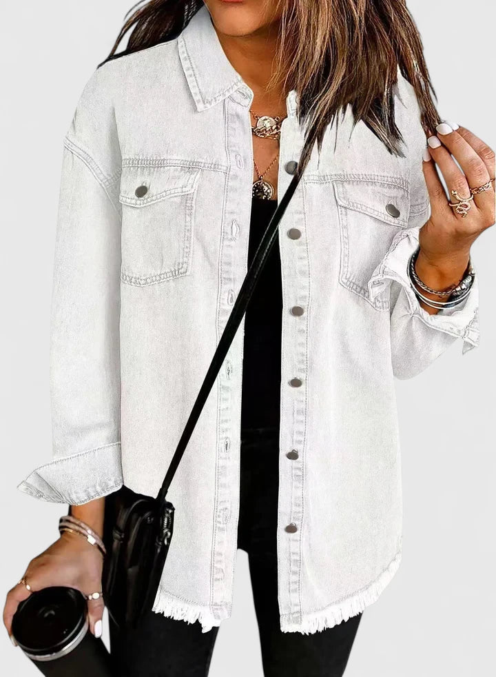 Women's light blue oversized denim jacket with front pockets