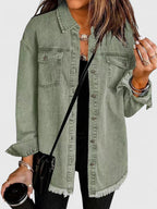 Women's light blue oversized denim jacket with front pockets