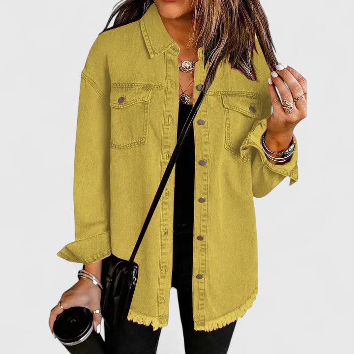 Women's light blue oversized denim jacket with front pockets