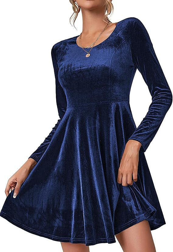 Women's navy velvet A line skater dress with long sleeves and a flared hem