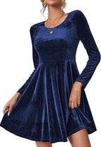 Women's navy velvet A line skater dress with long sleeves and a flared hem