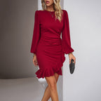 Women's wine red bodycon wrap dress with a ruffle hem and gathered puff sleeves