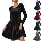Women's velvet A line skater dress with long sleeves and a flared hem, side view