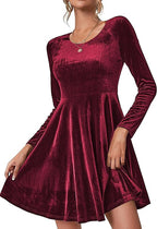 Women's burgundy velvet A line skater dress with long sleeves and a flared hem