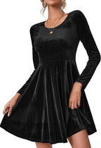 Women's black velvet A line skater dress with long sleeves and a flared hem