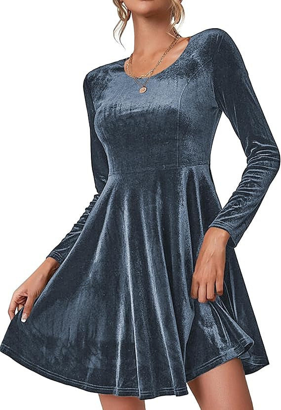 Women's slate blue velvet A line skater dress with long sleeves and a flared hem