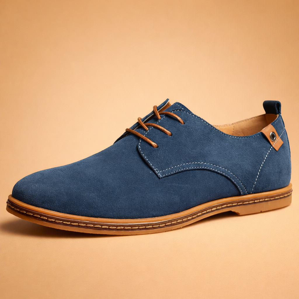 Blue men's vegan leather Oxford shoes with a lace-up front