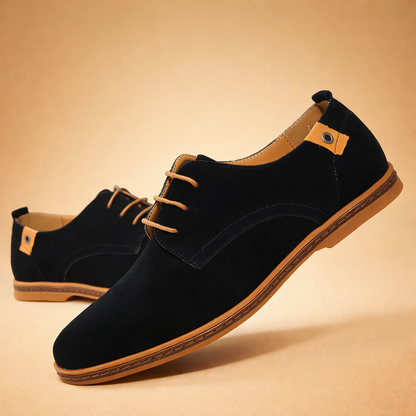 Blue men's vegan leather Oxford shoes with a lace-up front