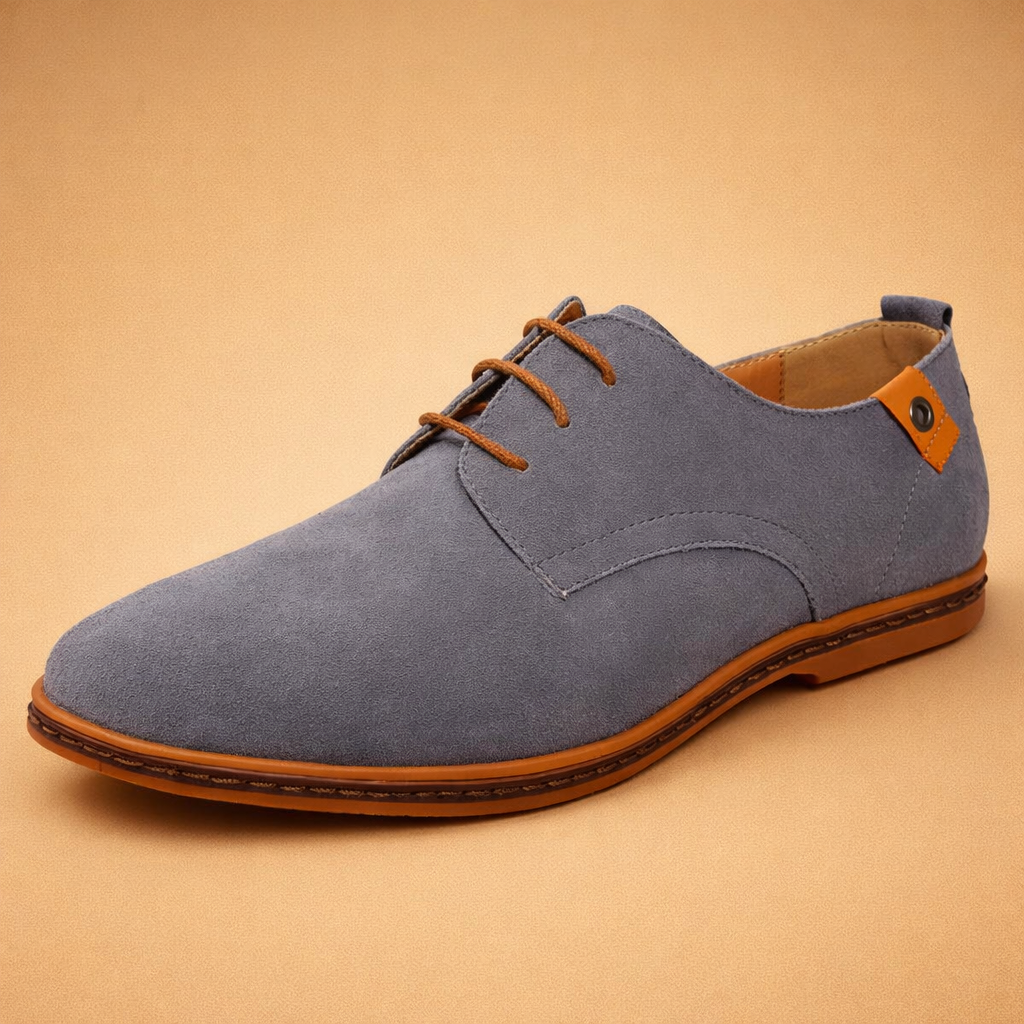 Blue men's vegan leather Oxford shoes with a lace-up front
