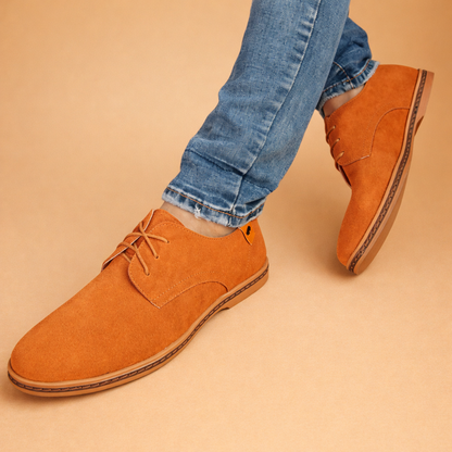 Blue men's vegan leather Oxford shoes with a lace-up front