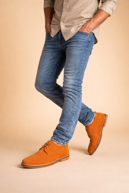 Blue men's vegan leather Oxford shoes with a lace-up front