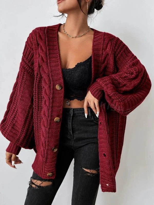 Women's burgundy chunky cable knit balloon sleeve cardigan