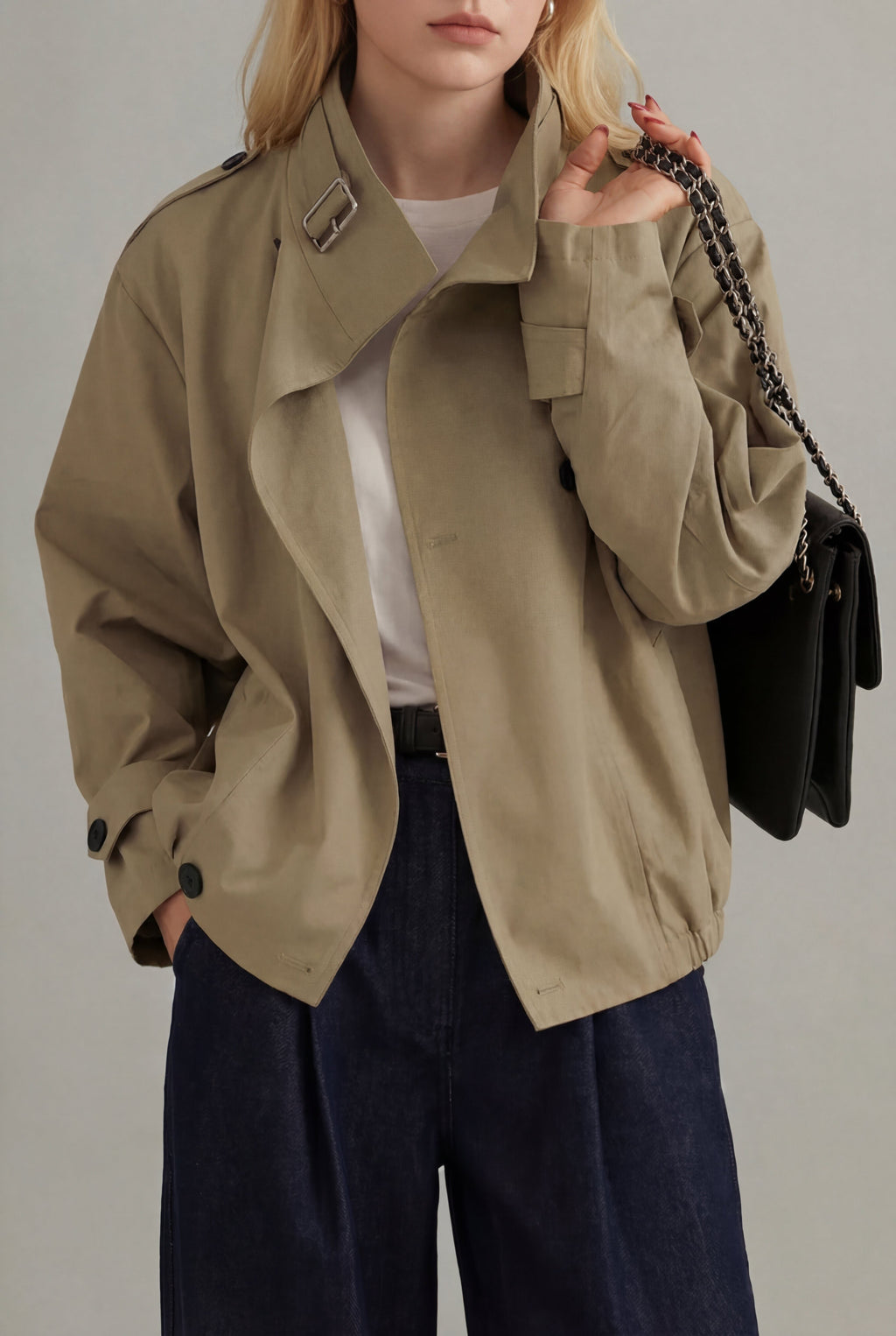 Women's oversized cropped trench coat with tie-belt waist, product photo