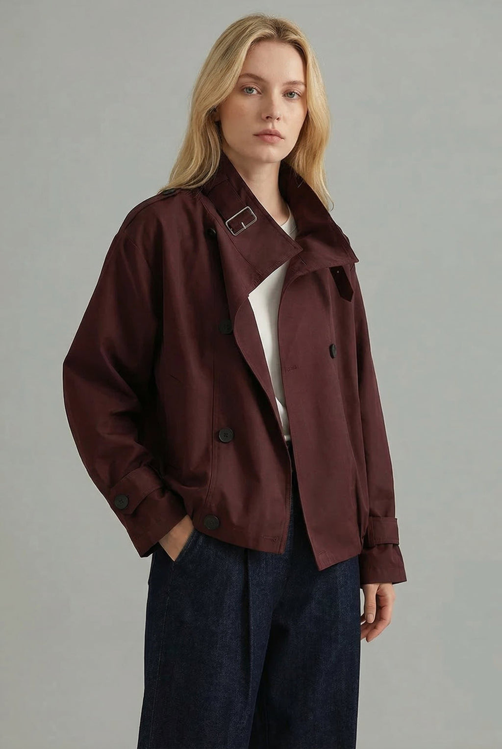 Women's oversized cropped trench coat with tie-belt waist, product photo