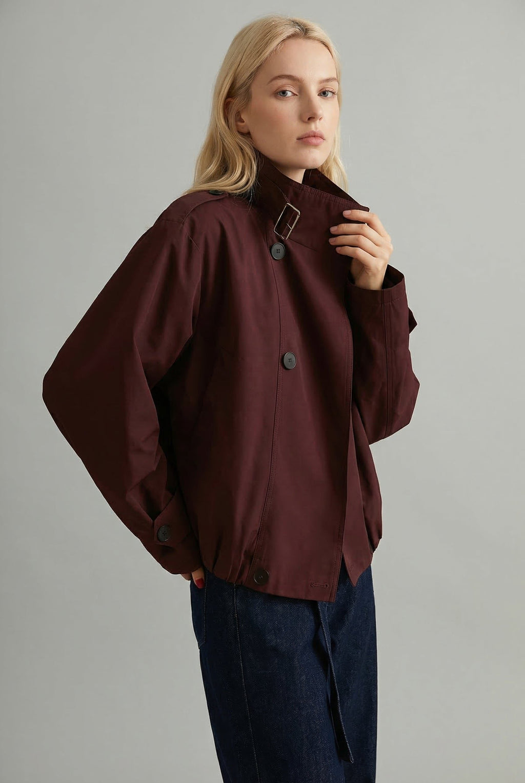 Women's oversized cropped trench coat with tie-belt waist, product photo