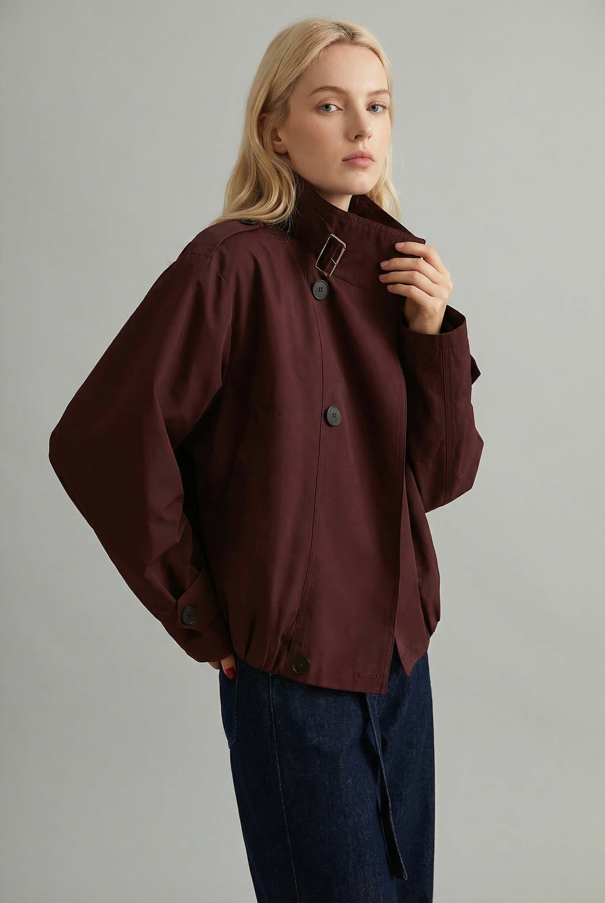 Women's oversized cropped trench coat with tie-belt waist, product photo