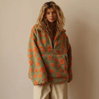 Women's sage green/orange oversized floral teddy fleece jacket