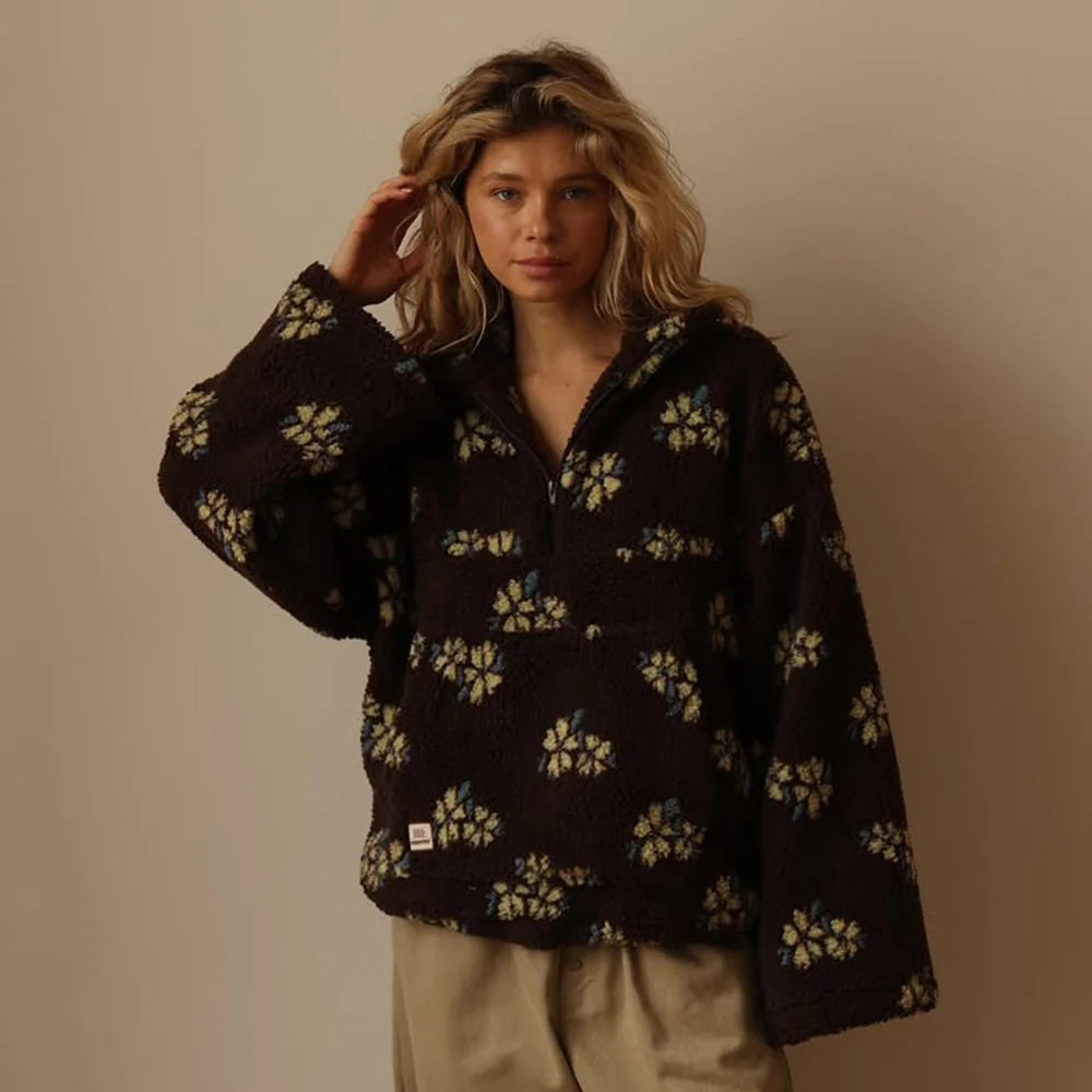 Women's dark brown/cream oversized floral teddy fleece jacket