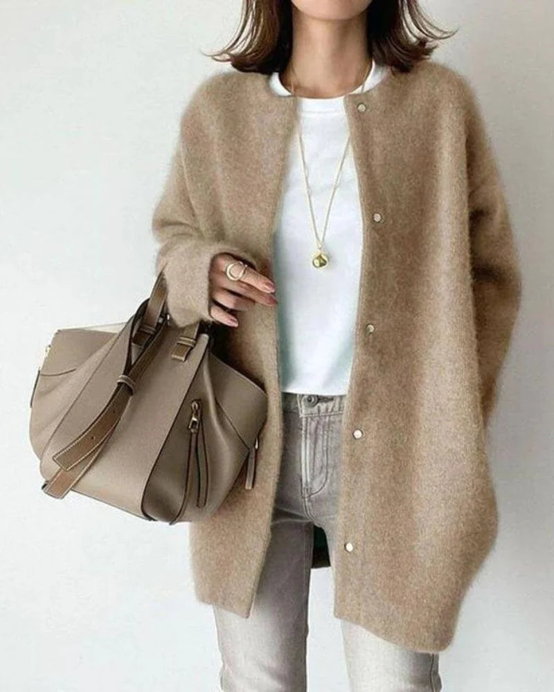 Women's camel long fluffy knit cardigan with snap buttons
