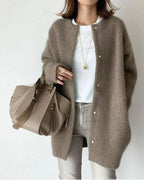 Women's taupe long fluffy knit cardigan with snap buttons
