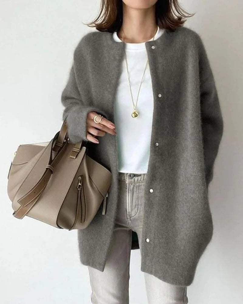 Women's grey long fluffy knit cardigan with snap buttons