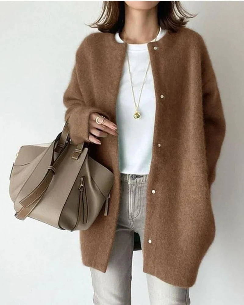 Women's chestnut long fluffy knit cardigan with snap buttons