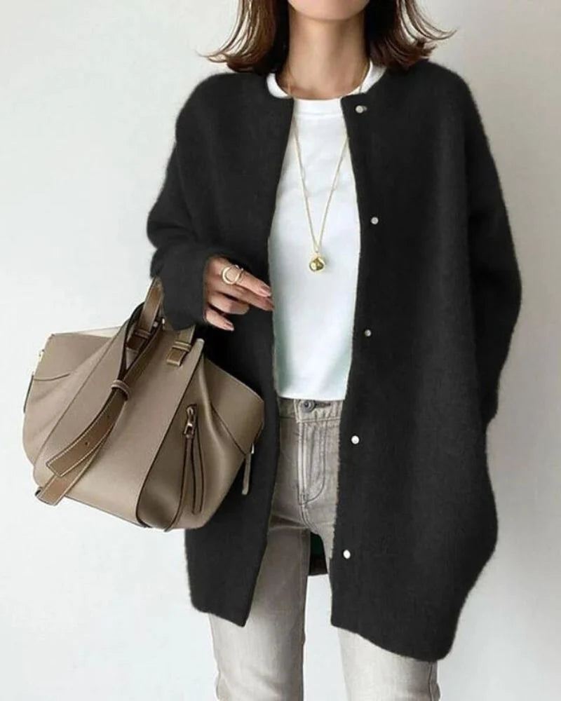 Women's black long fluffy knit cardigan with snap buttons