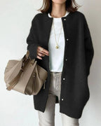 Women's black long fluffy knit cardigan with snap buttons