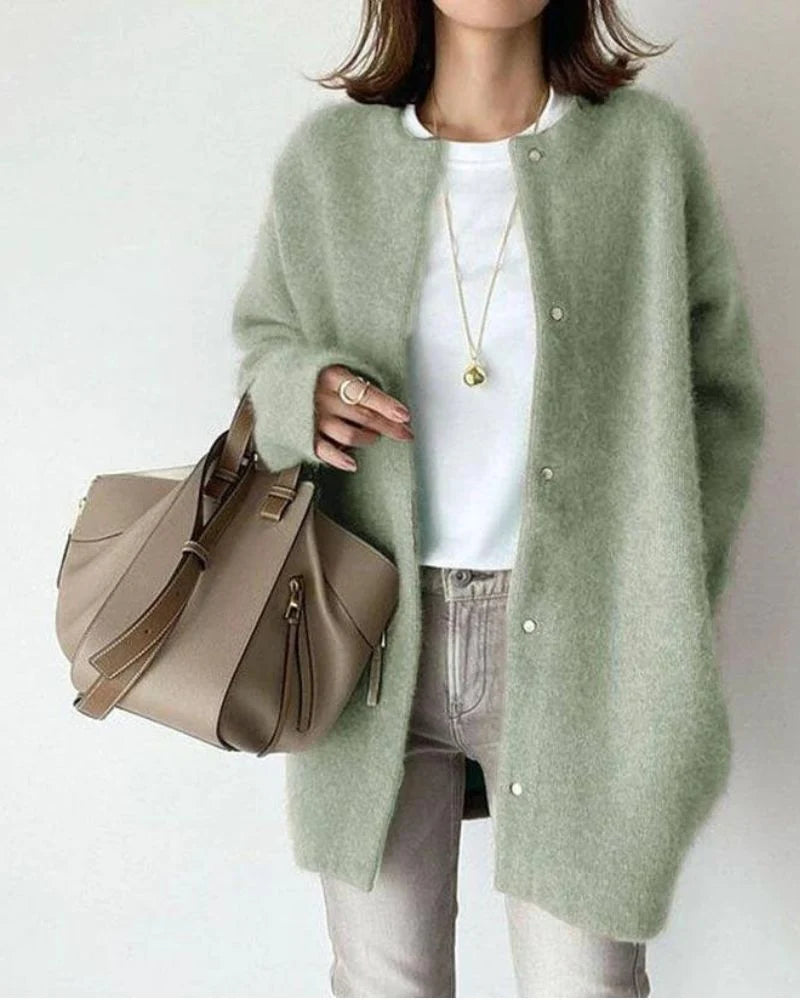 Women's sage green long fluffy knit cardigan with snap buttons