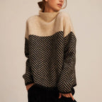 Women's cream/black oversized herringbone roll neck jumper