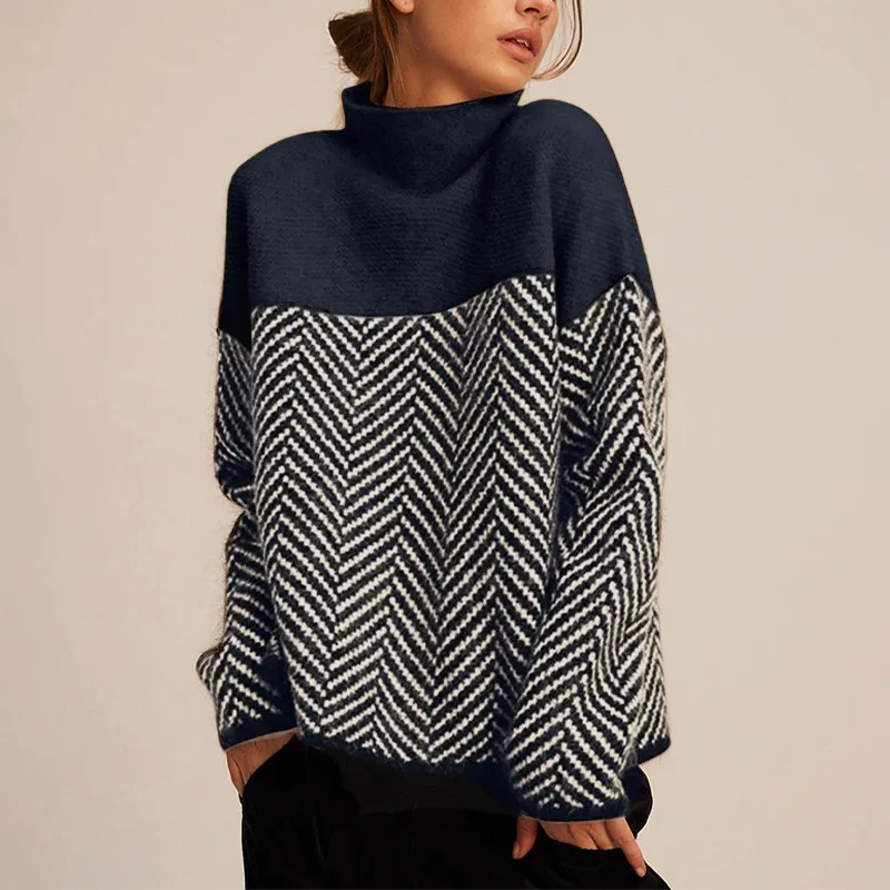 Women's navy/white oversized herringbone roll neck jumper