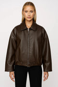 Women's dark brown oversized faux leather jacket with belt