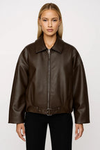Women's dark brown oversized faux leather jacket with belt