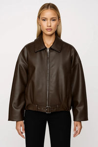 Phyllis | Women's Oversized Faux Leather Jacket with Belted Hem and Zip